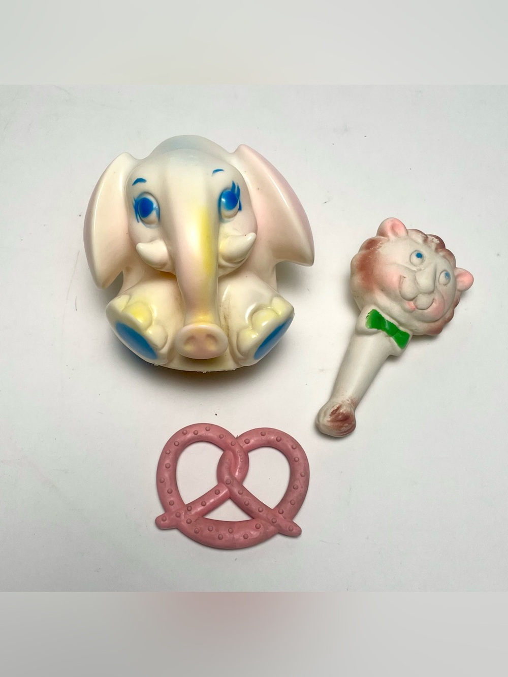 Vintage Baby Toys Sani Elephant Working Squeaker Toy Lion Rattle Pretzel Teether